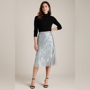 Anthropologie Sz 0P Silver Holographic Fringe Midi Skirt Holiday New Years Party